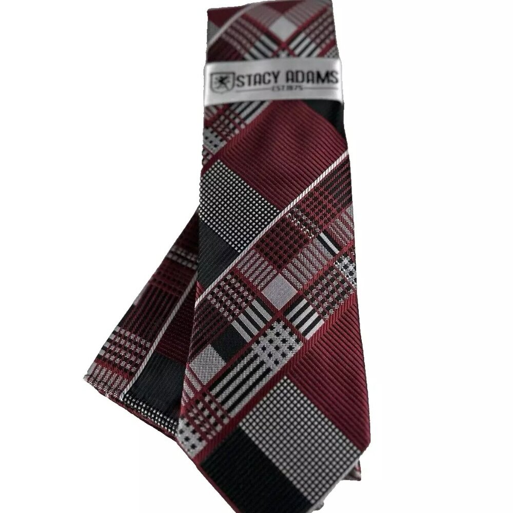 Stacy Adams Men's Tie & Hanky Red Silver Black Charcoal Gray Plaids 3.25" Wide